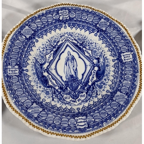 160 - A GROUP OF 19TH CENTURY BLUE AND WHITE CHINA WARES, the lot includes Victorian and Edwardian commemo... 