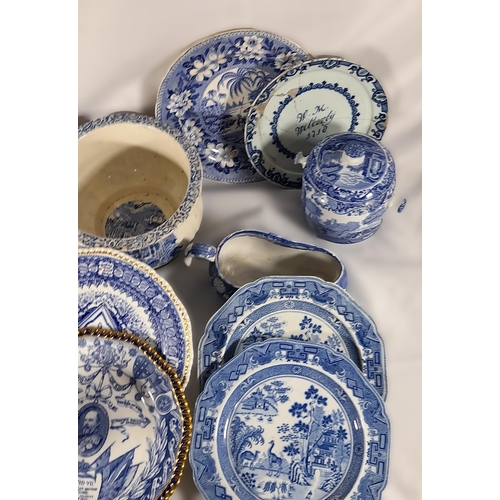 160 - A GROUP OF 19TH CENTURY BLUE AND WHITE CHINA WARES, the lot includes Victorian and Edwardian commemo... 