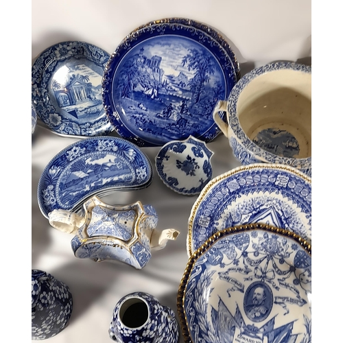 160 - A GROUP OF 19TH CENTURY BLUE AND WHITE CHINA WARES, the lot includes Victorian and Edwardian commemo... 