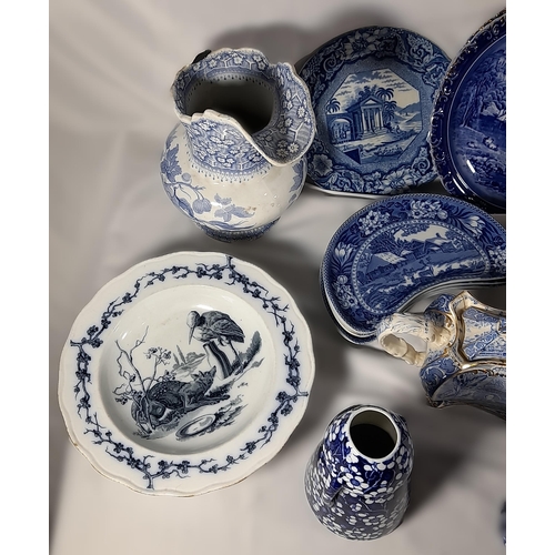 160 - A GROUP OF 19TH CENTURY BLUE AND WHITE CHINA WARES, the lot includes Victorian and Edwardian commemo... 