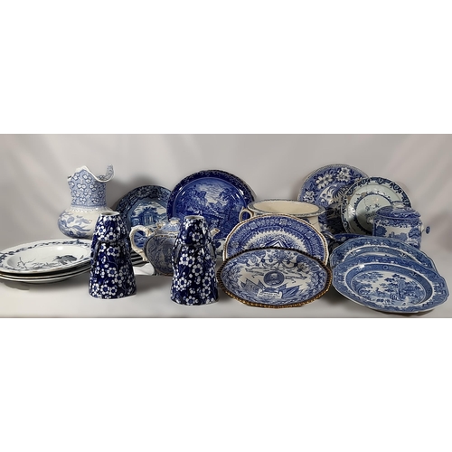 160 - A GROUP OF 19TH CENTURY BLUE AND WHITE CHINA WARES, the lot includes Victorian and Edwardian commemo... 