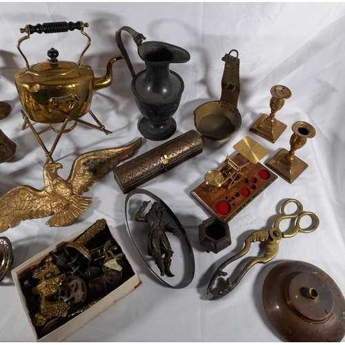 161 - A MIXED GROUP OF BRASS AND COPPER WARES, the lot includes a brass spirit kettle on stand, various 19... 