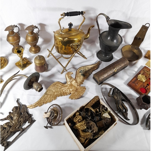 161 - A MIXED GROUP OF BRASS AND COPPER WARES, the lot includes a brass spirit kettle on stand, various 19... 