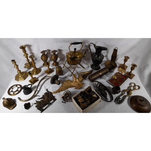 161 - A MIXED GROUP OF BRASS AND COPPER WARES, the lot includes a brass spirit kettle on stand, various 19... 