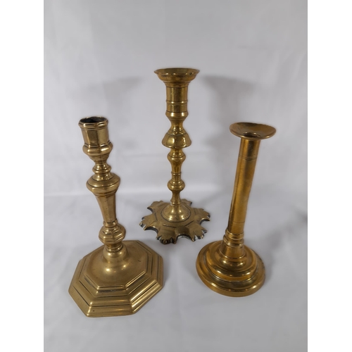 161 - A MIXED GROUP OF BRASS AND COPPER WARES, the lot includes a brass spirit kettle on stand, various 19... 