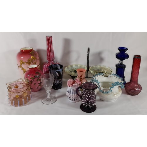 163 - AN 18TH CENTURY AIR TWIST STEMMED CORDIAL GLASS AND A GROUP OF 19TH CENTURY COLOURED GLASS WARE, inc... 