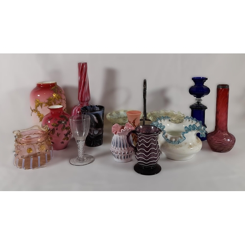 163 - AN 18TH CENTURY AIR TWIST STEMMED CORDIAL GLASS AND A GROUP OF 19TH CENTURY COLOURED GLASS WARE, inc... 