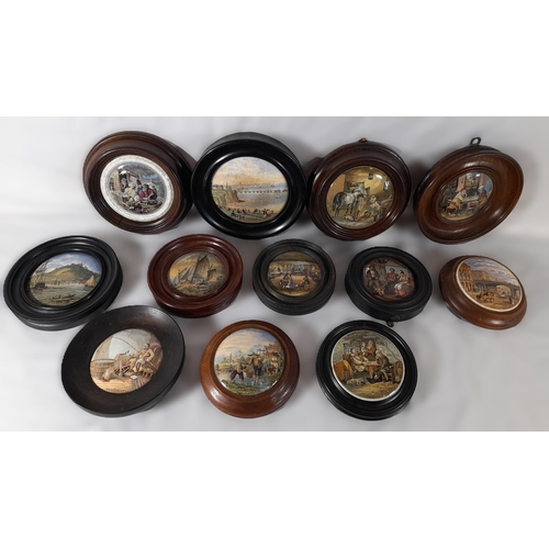 168 - A GROUP OF TWELVE 19TH CENTURY PRATTWARE POT LIDS, various designs including Shakespeare scene and M... 