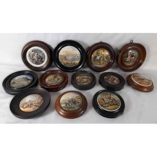 168 - A GROUP OF TWELVE 19TH CENTURY PRATTWARE POT LIDS, various designs including Shakespeare scene and M... 