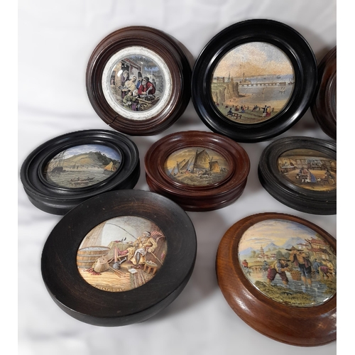 168 - A GROUP OF TWELVE 19TH CENTURY PRATTWARE POT LIDS, various designs including Shakespeare scene and M... 