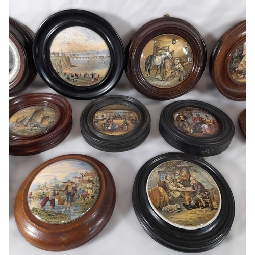 168 - A GROUP OF TWELVE 19TH CENTURY PRATTWARE POT LIDS, various designs including Shakespeare scene and M... 