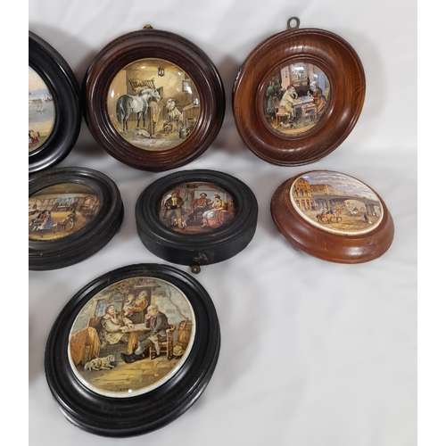 168 - A GROUP OF TWELVE 19TH CENTURY PRATTWARE POT LIDS, various designs including Shakespeare scene and M... 