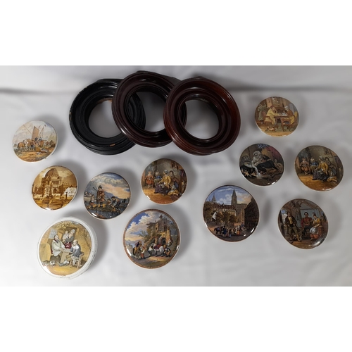 172 - A GROUP OF ELEVEN 19TH CENTURY PRATTWARE POT LIDS, various designs including 'The Rivals' and 'Hide ... 