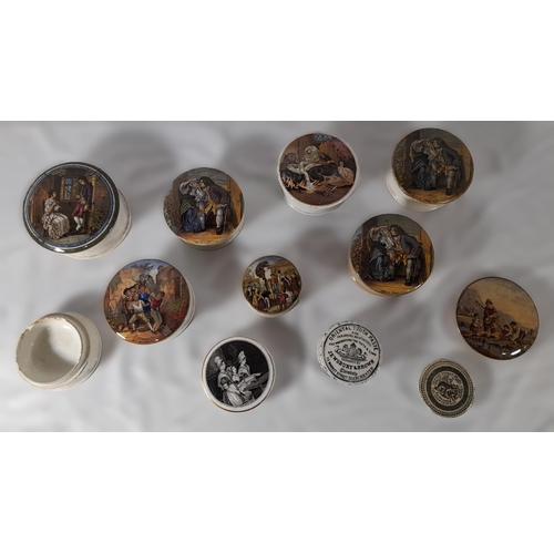 173 - A GROUP OF TEN 19TH CENTURY PRATTWARE POT LIDS AND ASSOCIATED BASES, various designs including two m... 