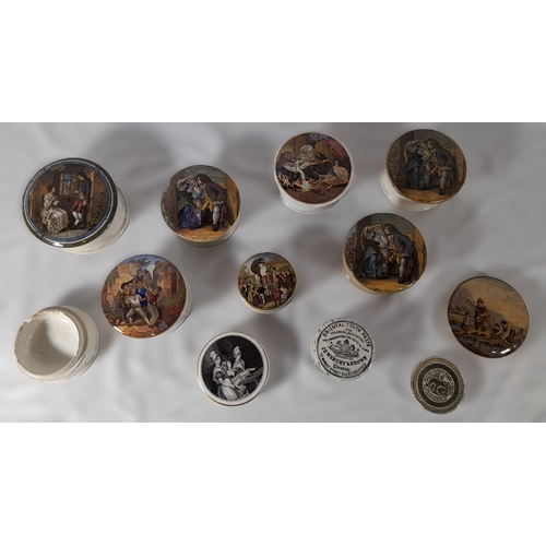 173 - A GROUP OF TEN 19TH CENTURY PRATTWARE POT LIDS AND ASSOCIATED BASES, various designs including two m... 