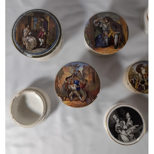 173 - A GROUP OF TEN 19TH CENTURY PRATTWARE POT LIDS AND ASSOCIATED BASES, various designs including two m... 