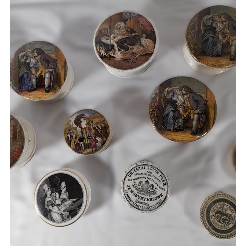 173 - A GROUP OF TEN 19TH CENTURY PRATTWARE POT LIDS AND ASSOCIATED BASES, various designs including two m... 