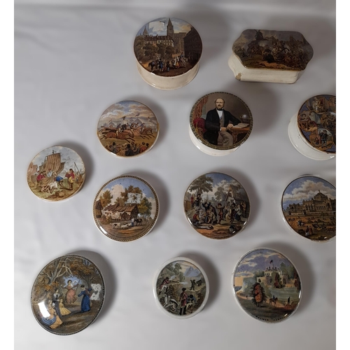 176 - A GROUP OF TWENTY 19TH CENTURY PRATTWARE POT LIDS, eight with associated bases, including an unusual... 