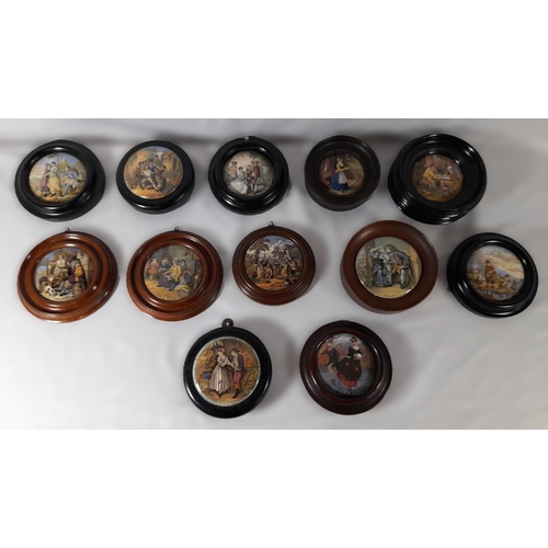 177 - A GROUP OF TWELVE 19TH CENTURY PRATTWARE POT LIDS, all with figural designs including 'The Village W... 