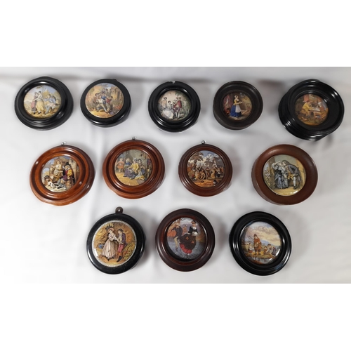 177 - A GROUP OF TWELVE 19TH CENTURY PRATTWARE POT LIDS, all with figural designs including 'The Village W... 