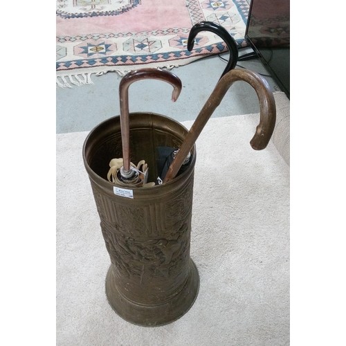 656 - A Vintage Brass Umbrella Stand Standing 60cm H with Decorative Design including 2 Parasols and Walki... 