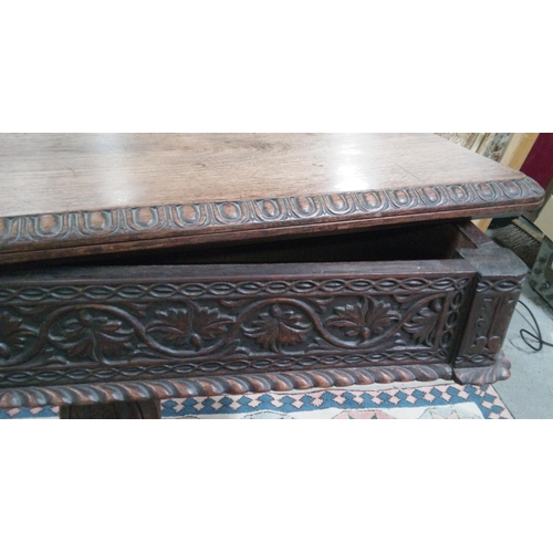 665 - Antique Card Table with carved detailing through out. No base on card table and needs some TLC.