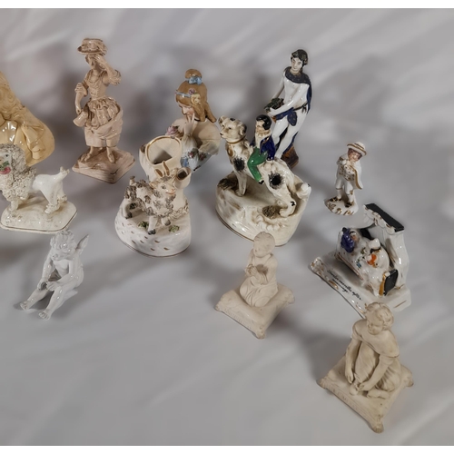 183 - A MIXED GROUP OF PORCELAIN FIGURES, mainly 19th Century, including biscuit porcelain figures, cream ... 