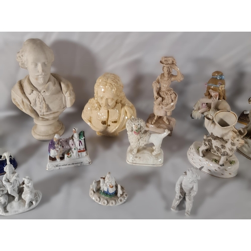 183 - A MIXED GROUP OF PORCELAIN FIGURES, mainly 19th Century, including biscuit porcelain figures, cream ... 