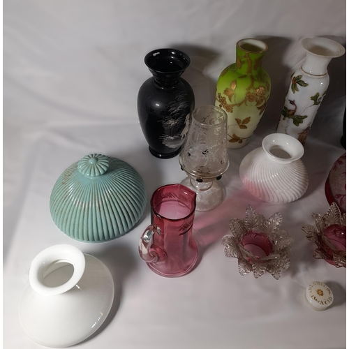 188 - A GROUP OF VINTAGE COLOURED GLASS WARES, including a cranberry glass jug, a pair of Mary Gregory vas... 