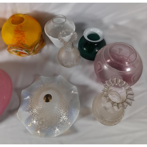 191 - A LARGE COLLECTION OF VINTAGE GLASS LAMP SHADES, including milk glass shades, etched globular shades... 