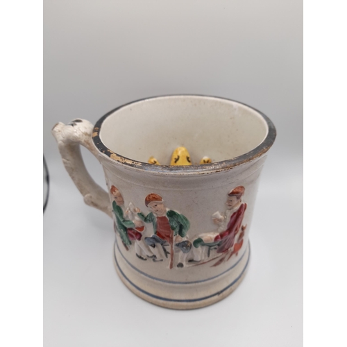 194 - A COLLECTION OF ENGLISH 19TH CENTURY JUGS AND TANKARDS, including salt glazed harvest tankards, crea... 