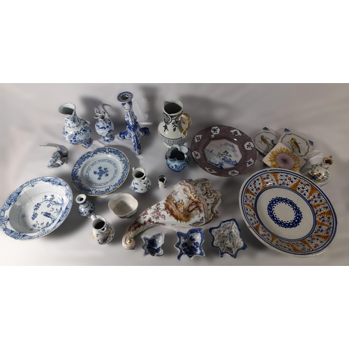 196 - A GROUP OF CONTINENTAL FAIENCE POTTERY, 18th & 19th Century, the lot includes Dutch Delft polychrome... 