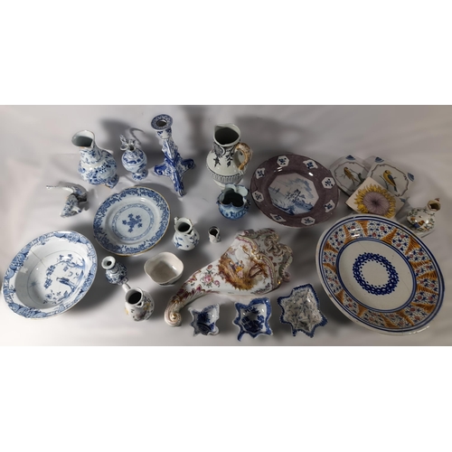 196 - A GROUP OF CONTINENTAL FAIENCE POTTERY, 18th & 19th Century, the lot includes Dutch Delft polychrome... 