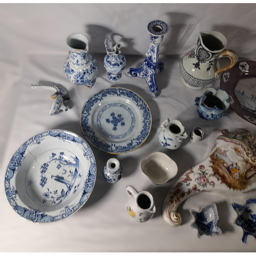 196 - A GROUP OF CONTINENTAL FAIENCE POTTERY, 18th & 19th Century, the lot includes Dutch Delft polychrome... 