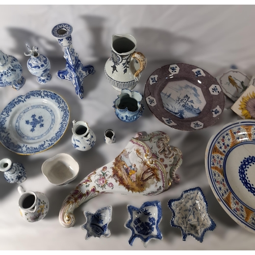 196 - A GROUP OF CONTINENTAL FAIENCE POTTERY, 18th & 19th Century, the lot includes Dutch Delft polychrome... 