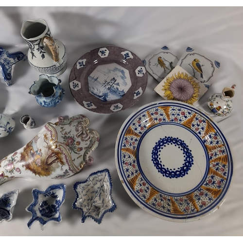 196 - A GROUP OF CONTINENTAL FAIENCE POTTERY, 18th & 19th Century, the lot includes Dutch Delft polychrome... 