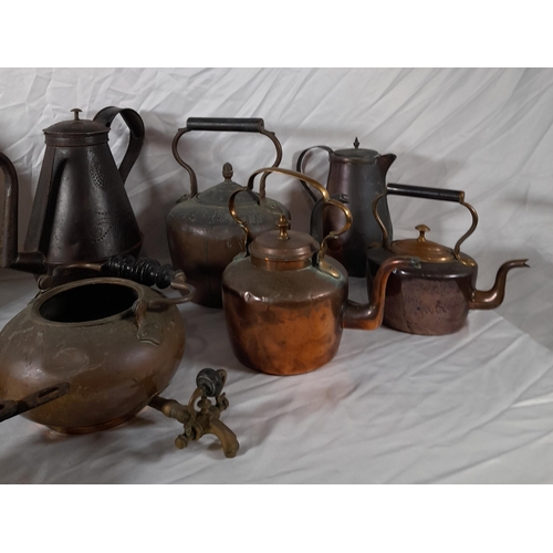 200 - A GROUP OF 19TH CENTURY MIXED BRASS AND COPPER WARES, the lot consisting of kettles, hot water jugs,... 