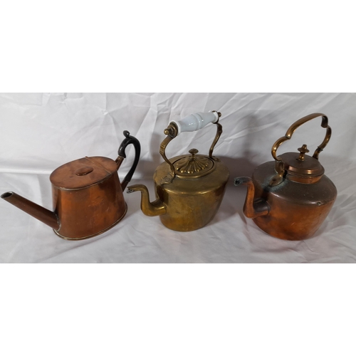 200 - A GROUP OF 19TH CENTURY MIXED BRASS AND COPPER WARES, the lot consisting of kettles, hot water jugs,... 