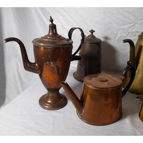 200 - A GROUP OF 19TH CENTURY MIXED BRASS AND COPPER WARES, the lot consisting of kettles, hot water jugs,... 