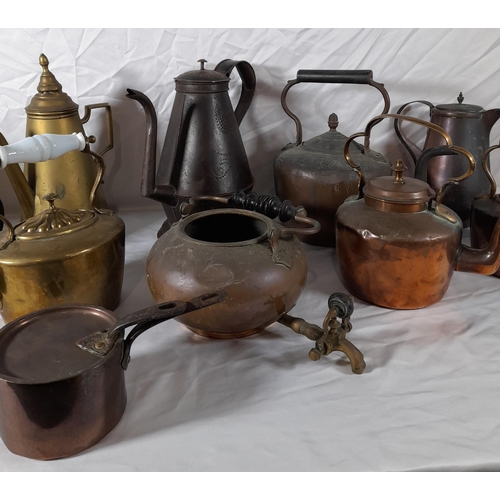 200 - A GROUP OF 19TH CENTURY MIXED BRASS AND COPPER WARES, the lot consisting of kettles, hot water jugs,... 