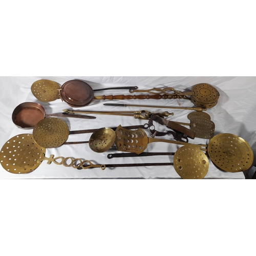 201 - A GROUP OF 19TH CENTURY BRASS & COPPER WARES, the lot includes brass fire irons, copper bed warmer a... 