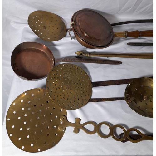 201 - A GROUP OF 19TH CENTURY BRASS & COPPER WARES, the lot includes brass fire irons, copper bed warmer a... 