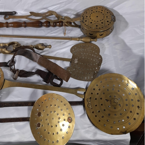 201 - A GROUP OF 19TH CENTURY BRASS & COPPER WARES, the lot includes brass fire irons, copper bed warmer a... 