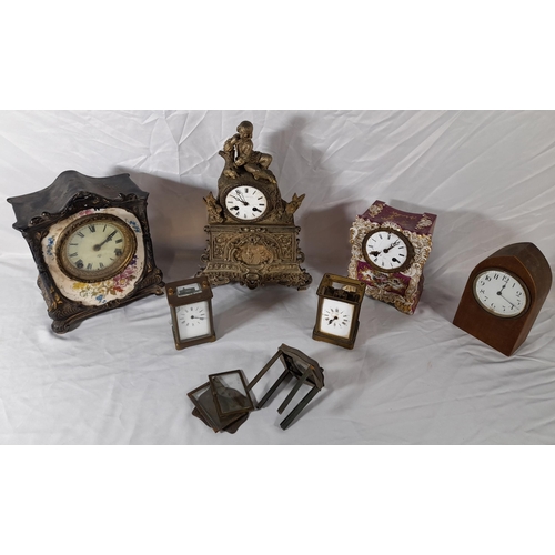 202 - A MIXED GROUP OF 19TH CLOCKS, the lot includes two French porcelain bracket clocks decorated with fl... 