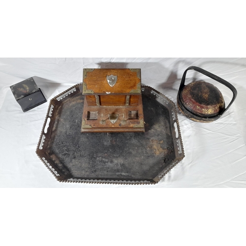 203 - A VINTAGE OAK INK STAND, A VICTORIAN LACQUERED CADDY BOX, A LACQUERED CHINOSERIE COVERED BOX, along ... 