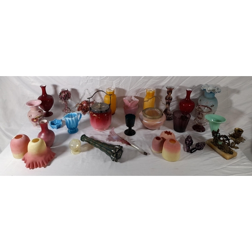 209 - A MIXED GROUP OF VINTAGE COLOURED GLASS WARE, mostly 19th century, including an attractive biscuit b... 