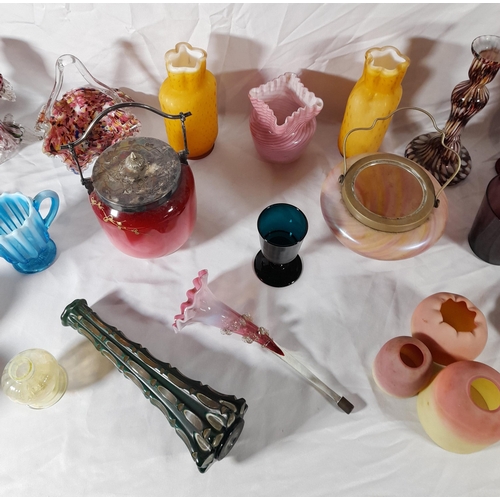 209 - A MIXED GROUP OF VINTAGE COLOURED GLASS WARE, mostly 19th century, including an attractive biscuit b... 