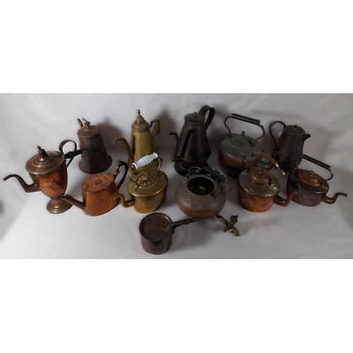 200 - A GROUP OF 19TH CENTURY MIXED BRASS AND COPPER WARES, the lot consisting of kettles, hot water jugs,... 