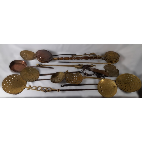 201 - A GROUP OF 19TH CENTURY BRASS & COPPER WARES, the lot includes brass fire irons, copper bed warmer a... 