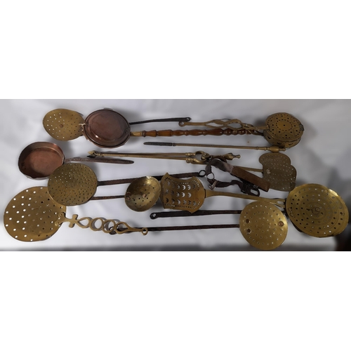 201 - A GROUP OF 19TH CENTURY BRASS & COPPER WARES, the lot includes brass fire irons, copper bed warmer a... 